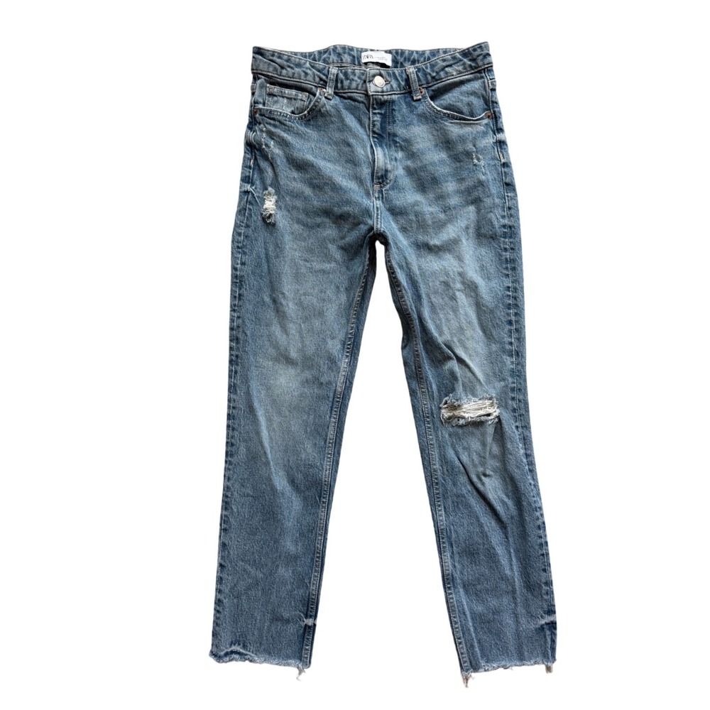 Zara Distressed Straight Leg Jeans Womens 8 Blue High Rise Raw Hem Ripped Denim‎